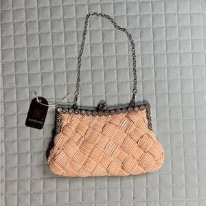 Peach Woven Evening Clutch with Rhinestones and Chain